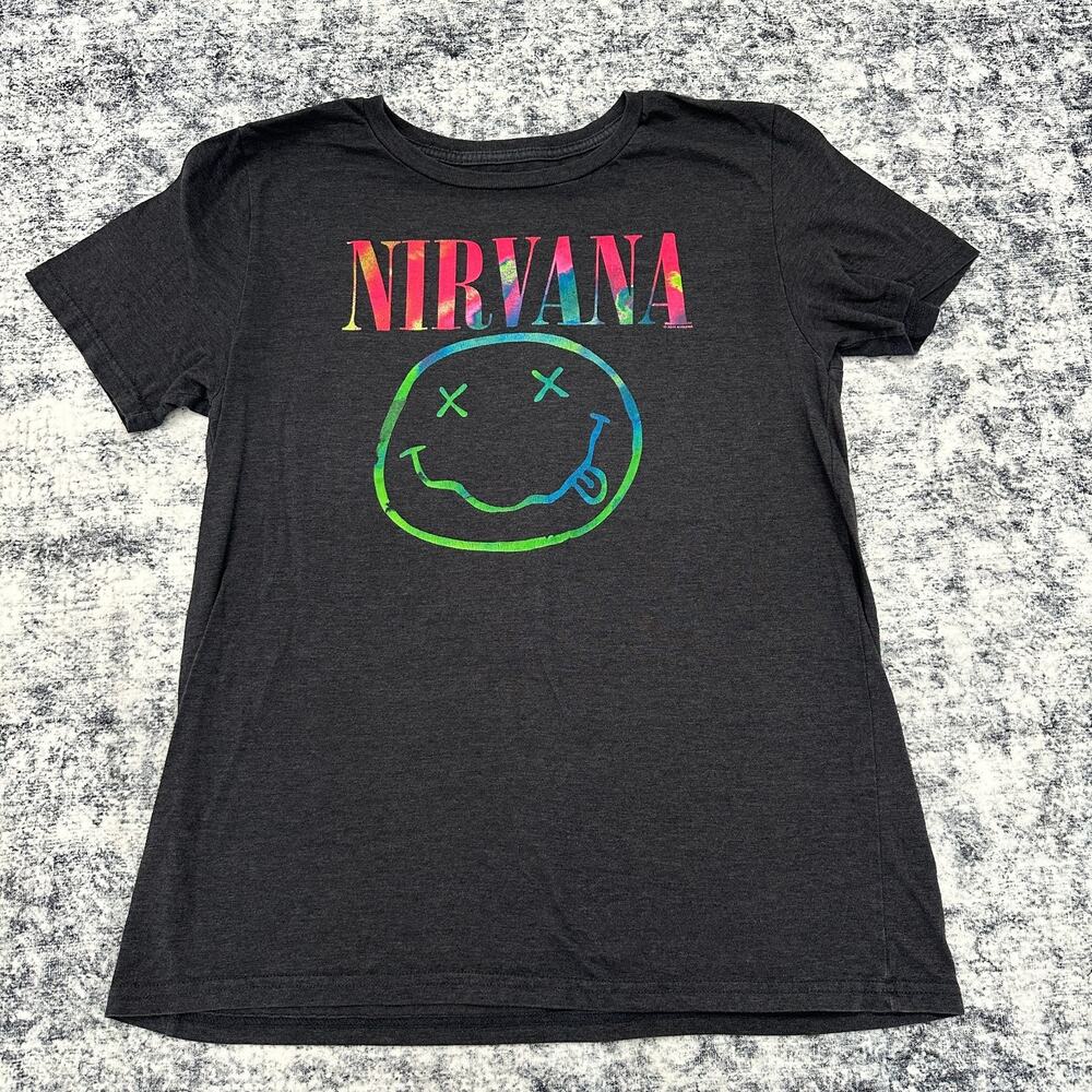Nirvana Smiley Face Graphic T-shirt Womens Juniors Size XL Black tie Dye Band